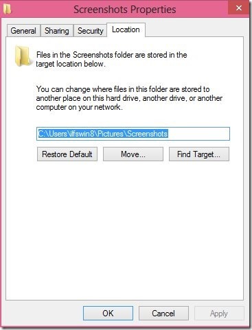 Change the screenshot folder directory in Windows 8