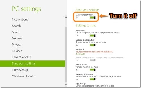 How To Turn Off Sync Settings In Windows 8