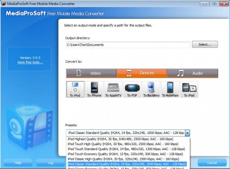 MediaProSoft Free Mobile Media Converter output settings