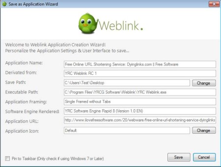 YRC Weblink save as application