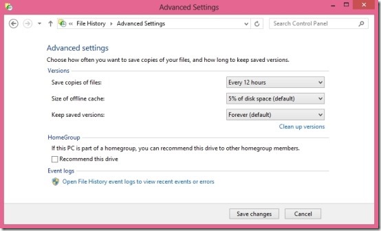 advanced settings file history windows 8