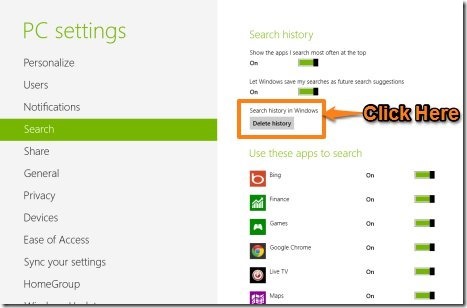 delete search history in Windows 8