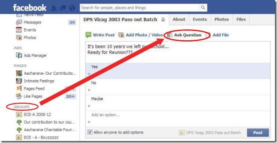 facebook questions interface