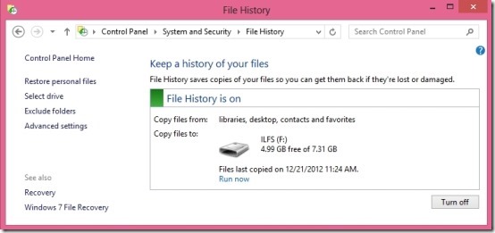 file history in windows 8 setup done