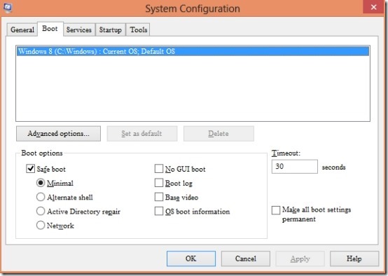 system configuration safe mode windows 8