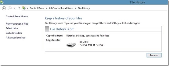 turn on file histroy in windows 8
