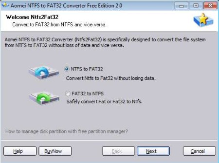 AOMEI NTFS to FAT32 Converter default window