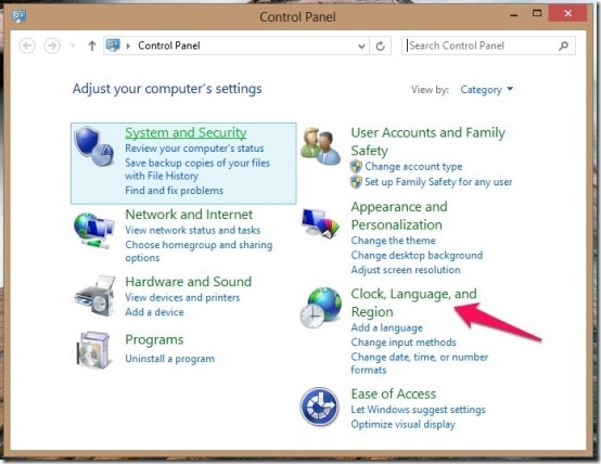 Clock, Language, and Region windows 8 