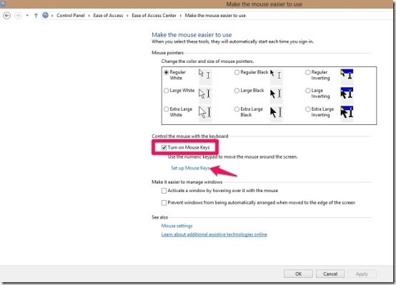 Control Mouse Pointer With Keyboard In Windows 8