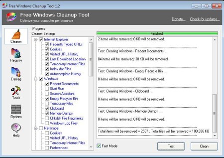 Free Windows Cleanup cleaner working