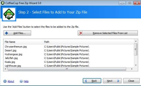 Free ZIP Wizard adding files