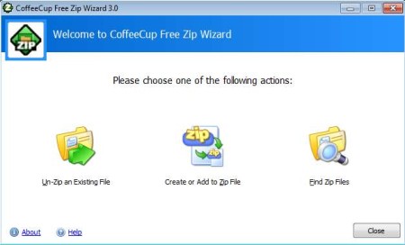 Free ZIP Wizard to zip and unzip files default window