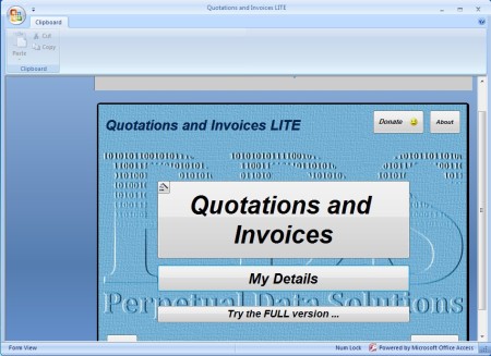 Quotations and Invoices LITE free invoice creator default window