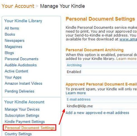 Send To Kindle account setting