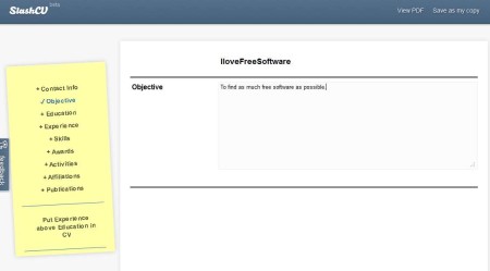 SlashCV to create resume online default window
