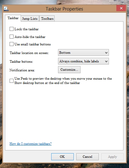 Taskbar Properties Windows