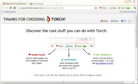Torch free web browser default window