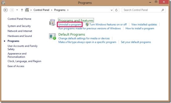 Uninstall a program in windows 8