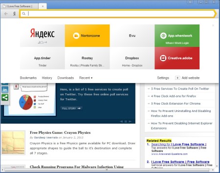 Yandex Free Web Browser default window