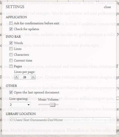 ZenWriter setting window