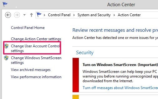 change user account control settings in Windows 8