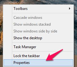 taskbar properties windows 8