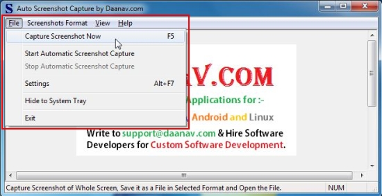 Automatic Screenshot Capture Software file menu