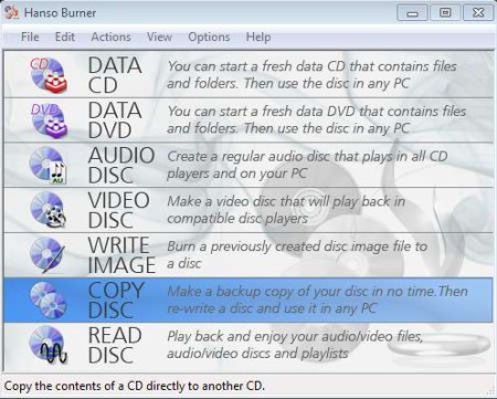 Hanso Burner DVD burning software default window