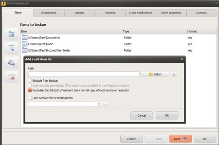 Iperius Backup Freeware adding files and folders