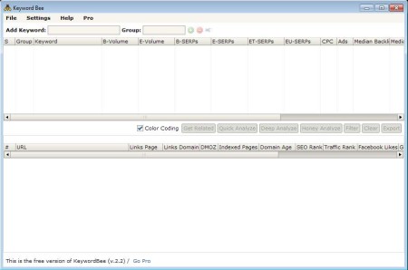 Keyword Bee free keyword research tool default window