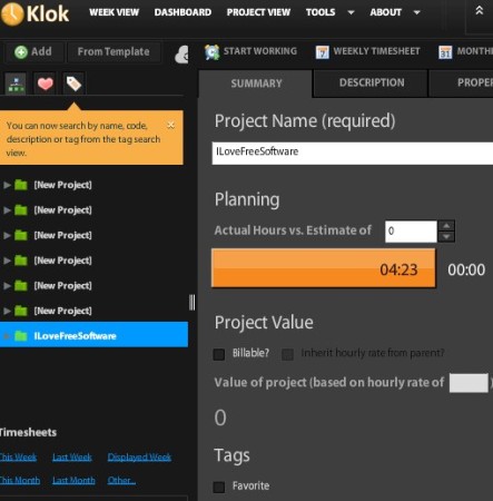 Klok project created view