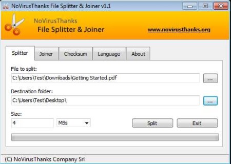 NoVirus Joiner Splitter splitting file