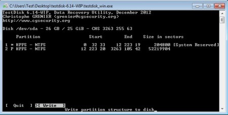 TestDisk write partition table