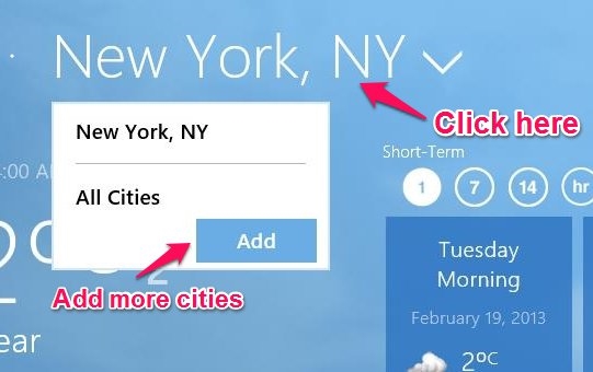 how to add more cities in windows 8 weather network app