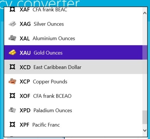 preicious metal list in currency converter  