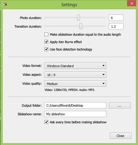 4K Slideshow Maker for Windows settings