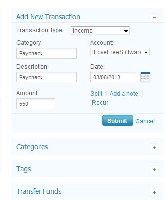 BudgetPulse adding new transaction