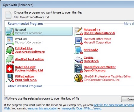 OpenWith Enhanced default window