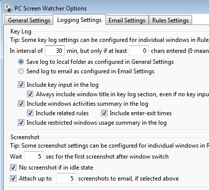 PC Screen Watcher settings