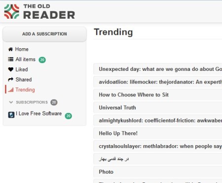 The Old Reader trending view