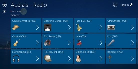 genre in audials radio for windows 8
