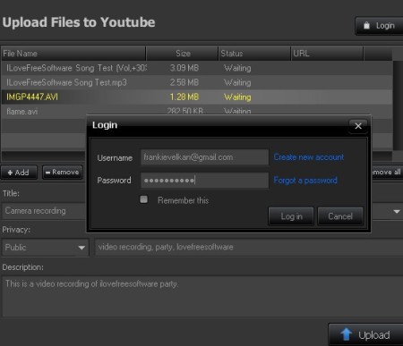 AV Media Uploader selecting video upload