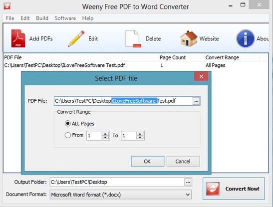 Weeny Free PDF To Word Converter selecting files