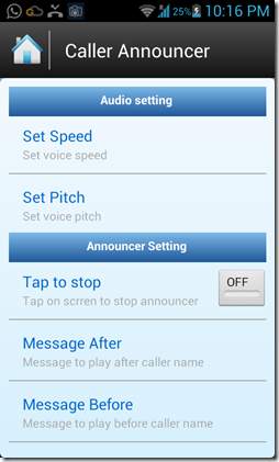 Caller name announcer setting