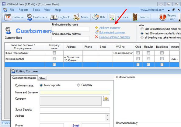 KWHotel Free adding customer