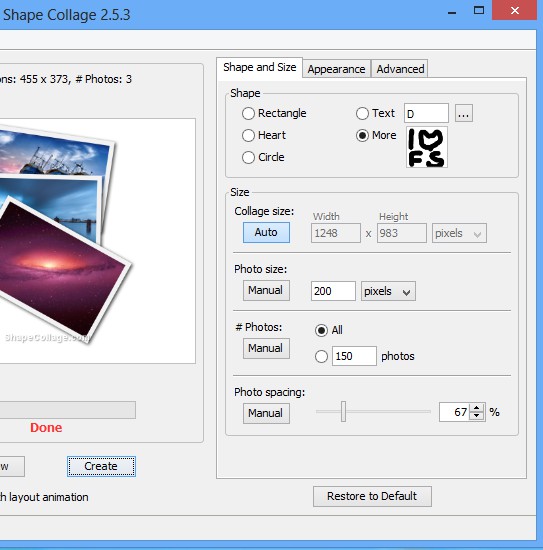 Shape Collage collage options