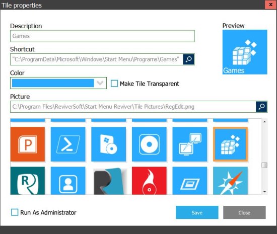 Start Menu Reviver tile properties