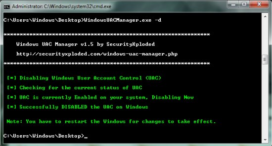 Windows UAC Manager disable