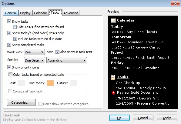 DeskTasks settings