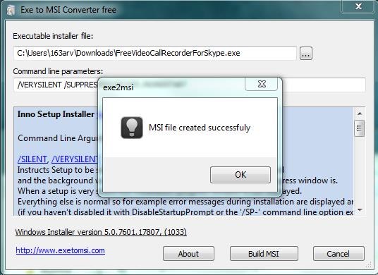 Exe to Msi Converter Free file conversion success
